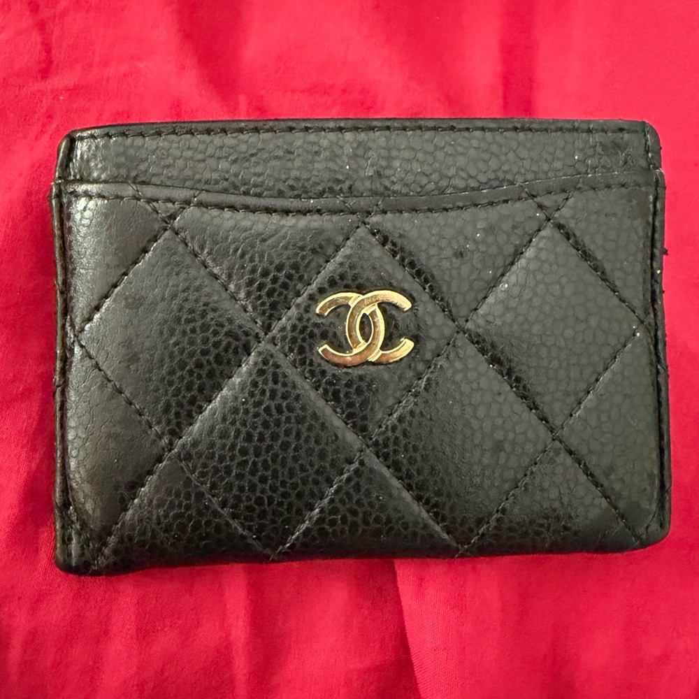 Chanel Black Quilted Card Holder with Gold Logo